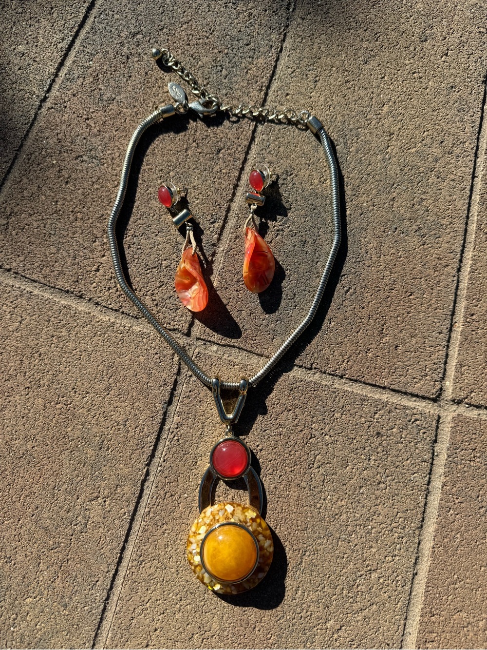 Chico’s Vintage-Inspired Yellow & Red Pendant Necklace with Matching Earrings
